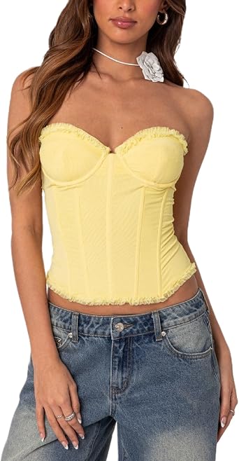 Pivanzore Lace Corset Top for Women Strapless Floral Corset Bustier Y2k Sexy Lace-Up Boned Overbust Going Out Tube Tops