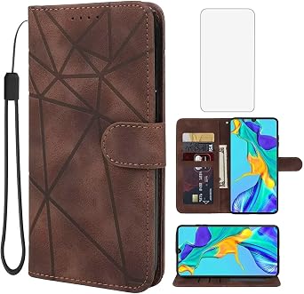 Case for Huawei P30 Case, P 30 ELEL29 ELEL09 Wallet Case with Tempered Glass Screen Protector, Skin Feel PU Leather Flip Folio Credit Card Holder Stand Phone Cover for Huawei P30 Brown