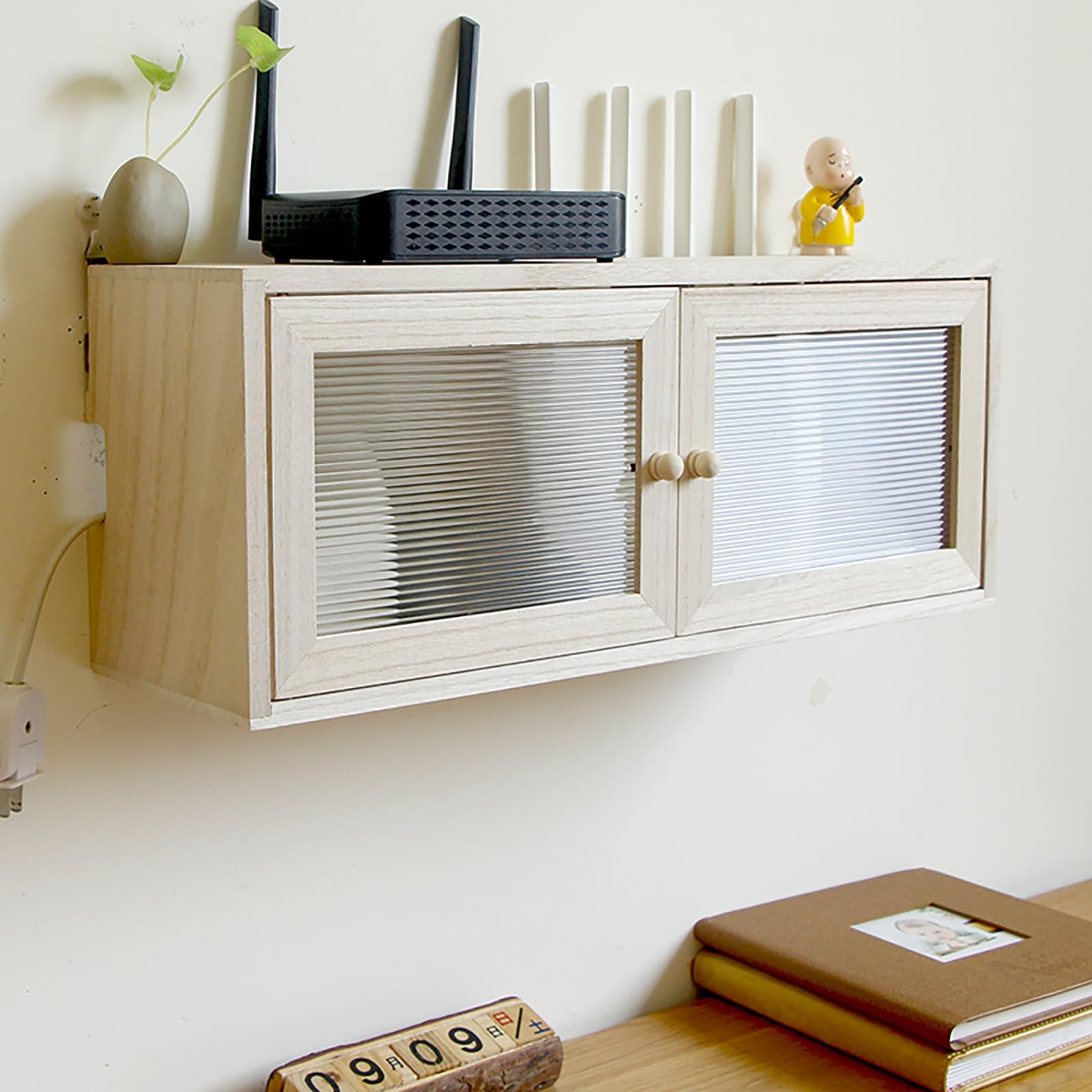 Étagère murale en bois massif pour routeur WiFi - Boîte de rangement cachée pour routeur WiFi - Pour bureau et maison (blanc, 50 x 15 x 20 cm)