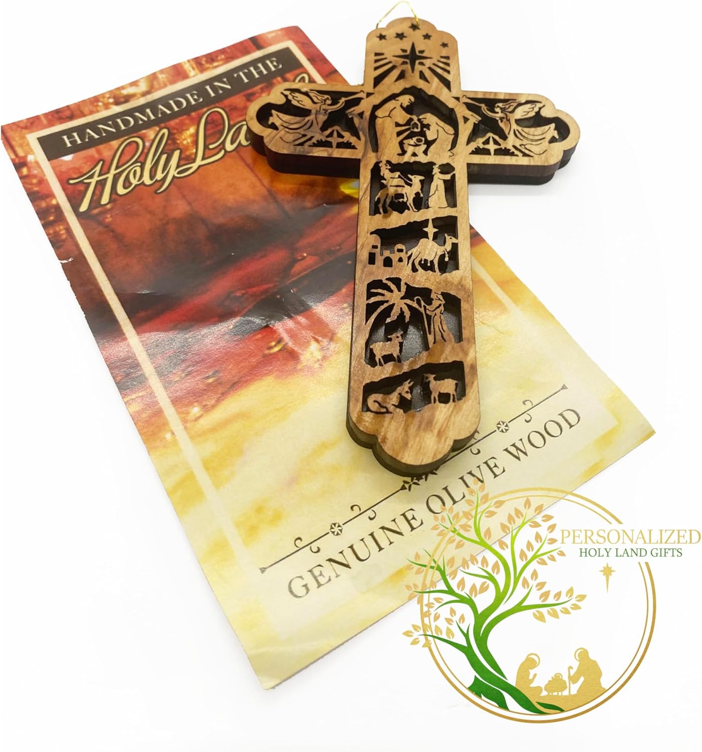 Nativity Scene Cross Tree Ornament Story of the Birth of Jesus Christ | Olive Wood Gift Handmade in the Holy Land |Christmas Tree Decoration (Set of 5)