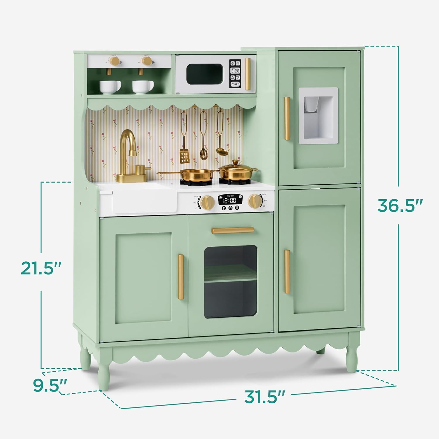 Best Choice Products Play Kitchen for Kids, Cottage Style Kids Kitchen Playset for Toddlers, Pretend Play Toy Kitchen w/ 11Pcs, Espresso Machine, Microwave, Oven, Refrigerator w/Ice - Sage
