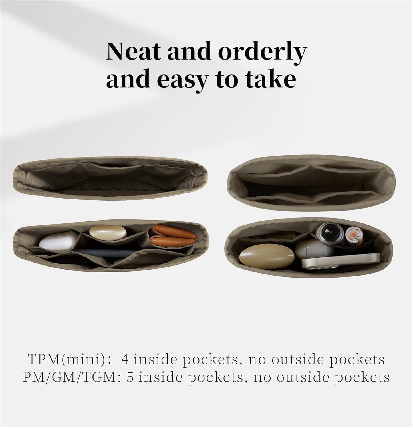Purse Organizer Insert for Luxury Bag - Satin & Lightweight Fabric with Inside Pockets, Portable for Commute, Travel, Shopping, and Evening, Multicolor Options, Fits Evelyne 29 PM(Etoupe grey, PM)