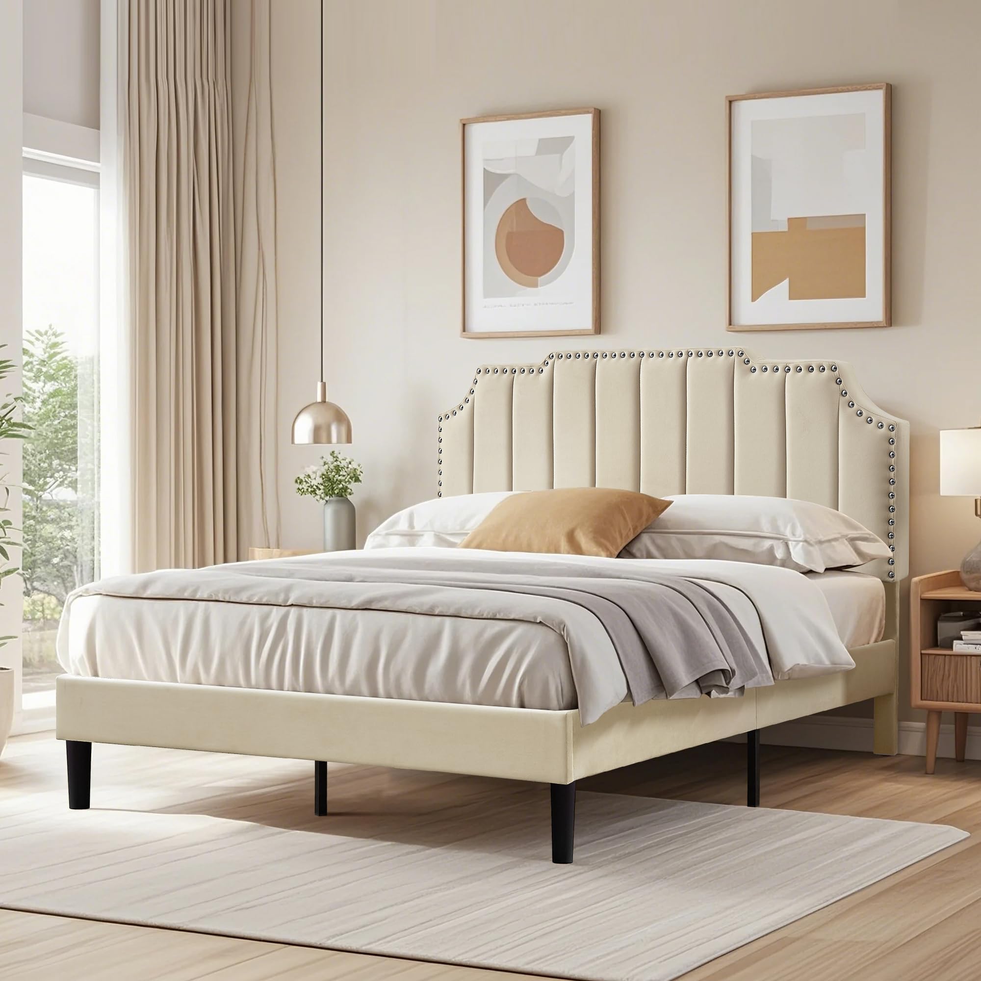 VECELO Lit Double Rembourré 140x190 cm, Cadre de Lit avec Tête de Lit, Support à Lattes en Bois Solide, Tissu en Velours Haut de Gamme, Facile à Assembler, Beige