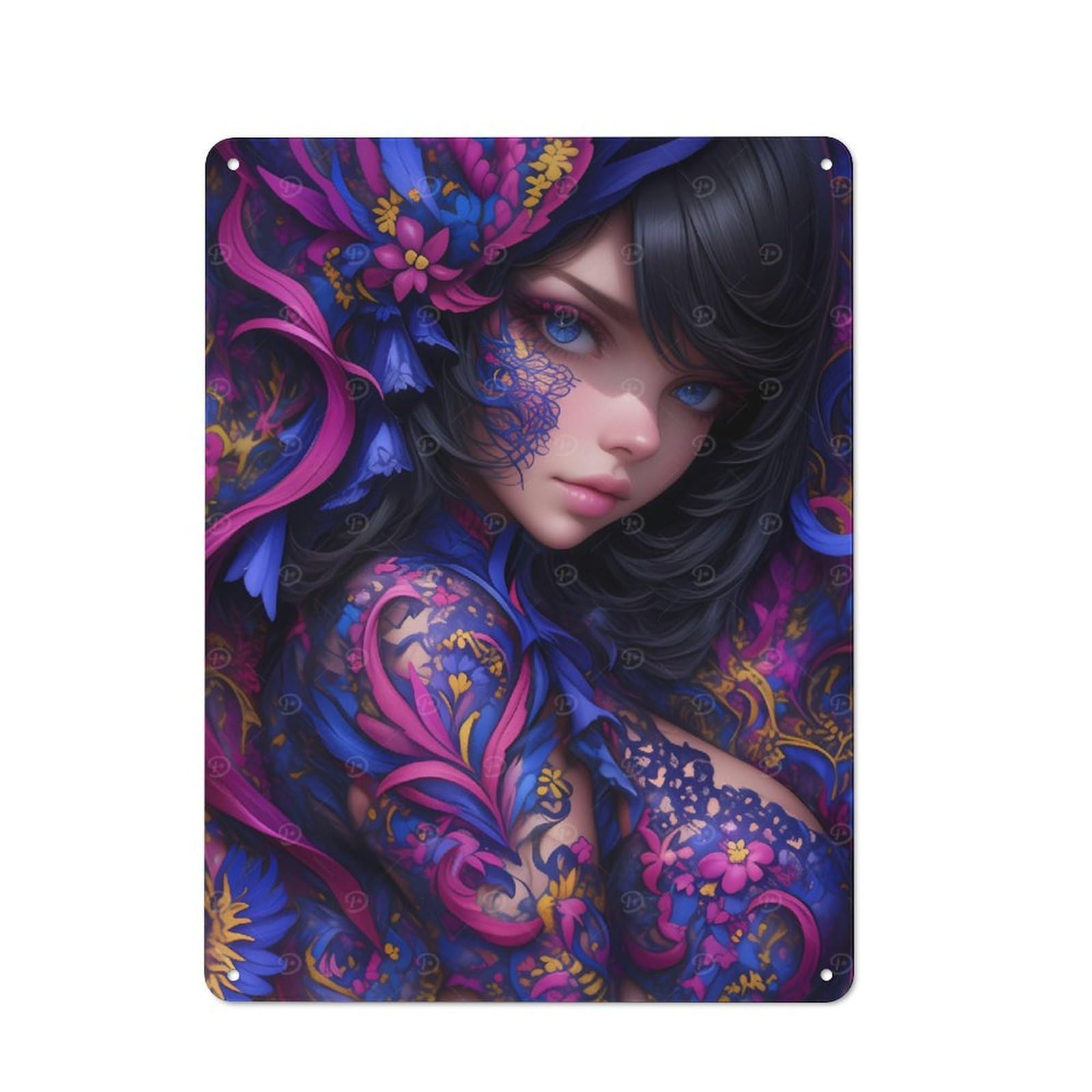 Retro Floral Fantasy Portrait Anime Girl Metal Gift Sign 40x30cm, Home Wall Decor for Flat, Dorm Room, Lounge Or Cafe
