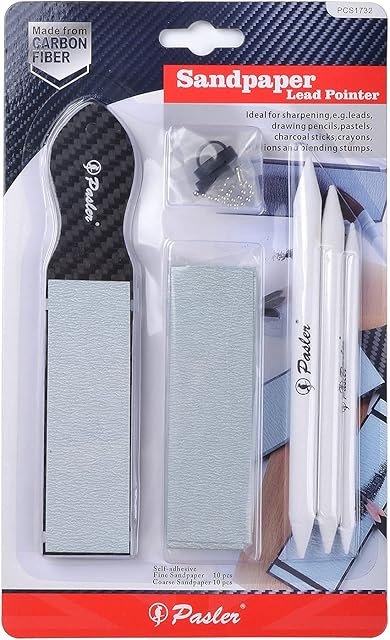 Pasler® Sandpaper Sharpener Kit - Carbon Fiber Sandpaper Lead Pointer with 20-Piece Sandpaper and 3-Piece Paper Stumps, Set for Adults, Teens, Artists
