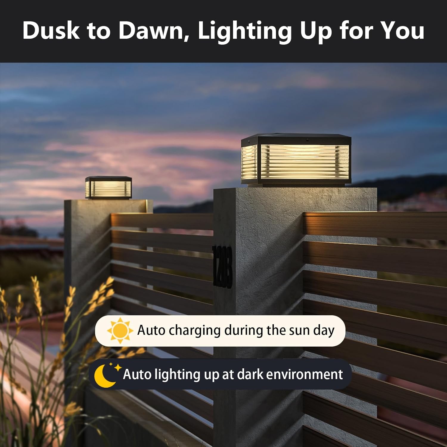 Modern Solar Post Light, Outdoor IP65 Waterproof Landscape Luxury Column Lantern Lamp for Fence Deck Pillar Cap Patio Garden Decoration with 4 Different Lighting Color