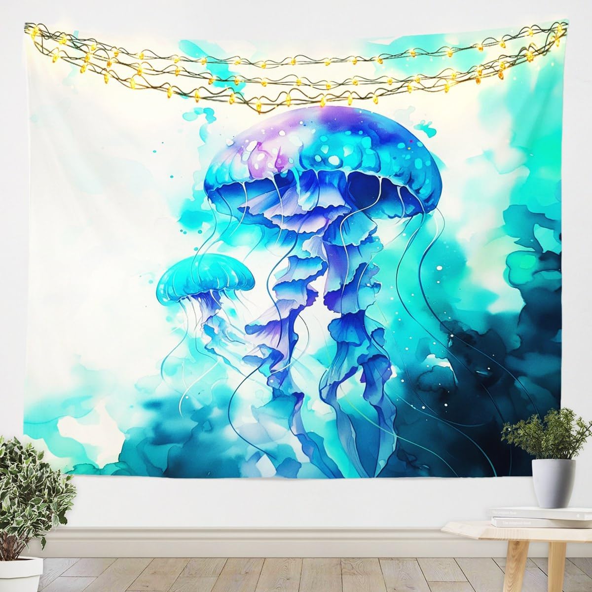 jejeloiu Ocean Themed Tapestry Large 59"x82" Jellyfish Wall Hanging Blanket for Boys Girls Teens Cute Wall Art Light Purplish Blue