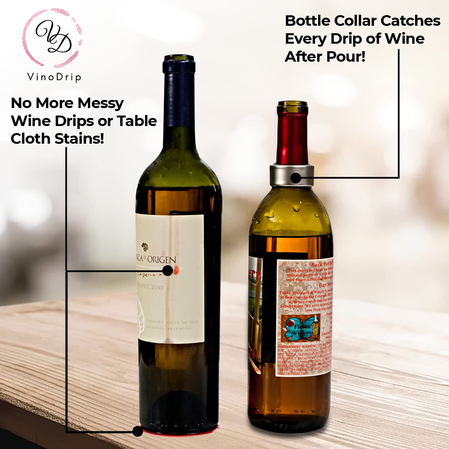 VinoDrip 4-Piece Wine Drip Ring Set | Stainless Steel Bottle Collars With Felt Lining, Assorted Colors - Stops Messy Drips - View #10