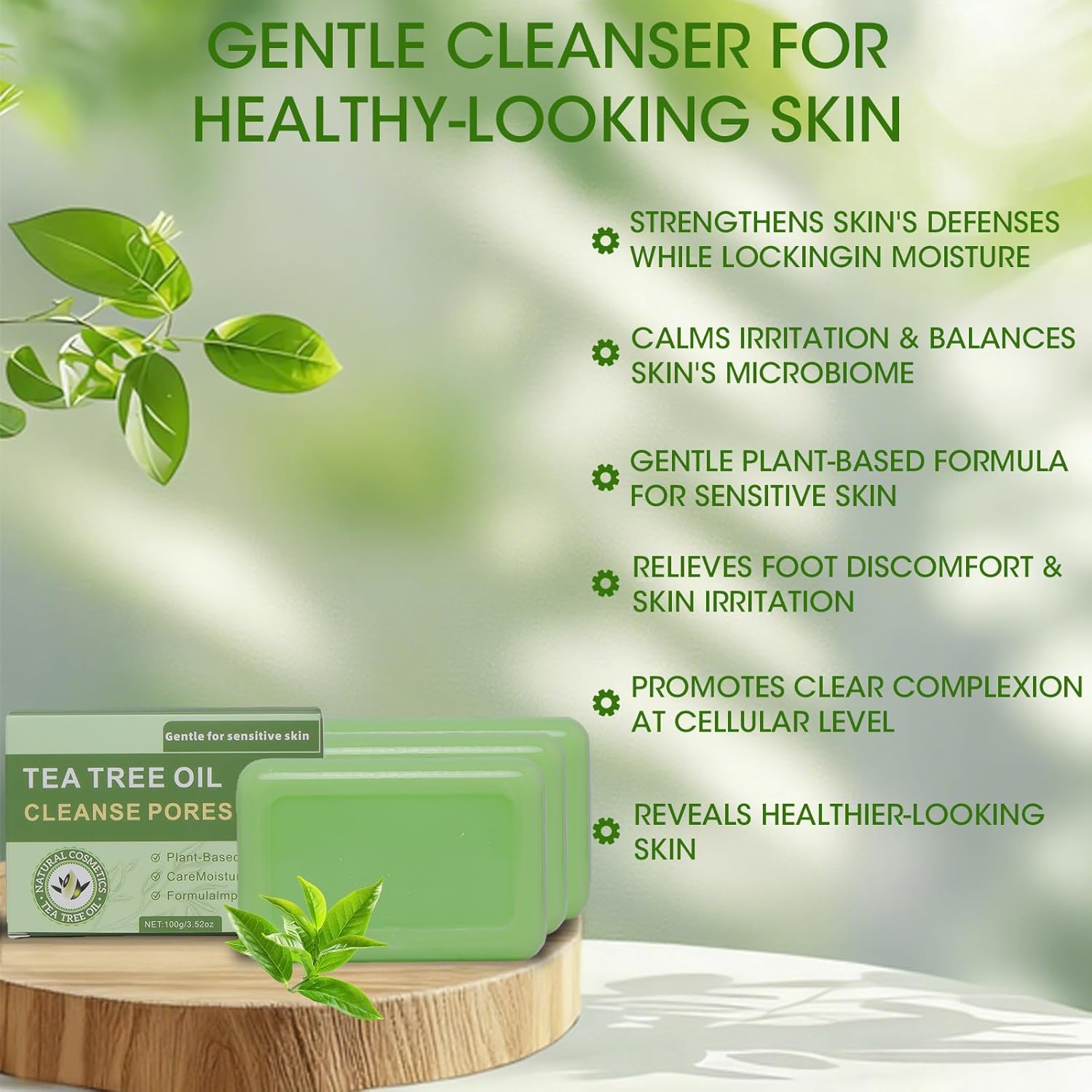 Natural Tea Tree Soap Bar, 3-Piece Set, Plant-Based Formula with Tea Tree & Coconut Oil, Purifying Cleanser for Face & Body, Refreshing & Gentle for Daily Use - Image 2