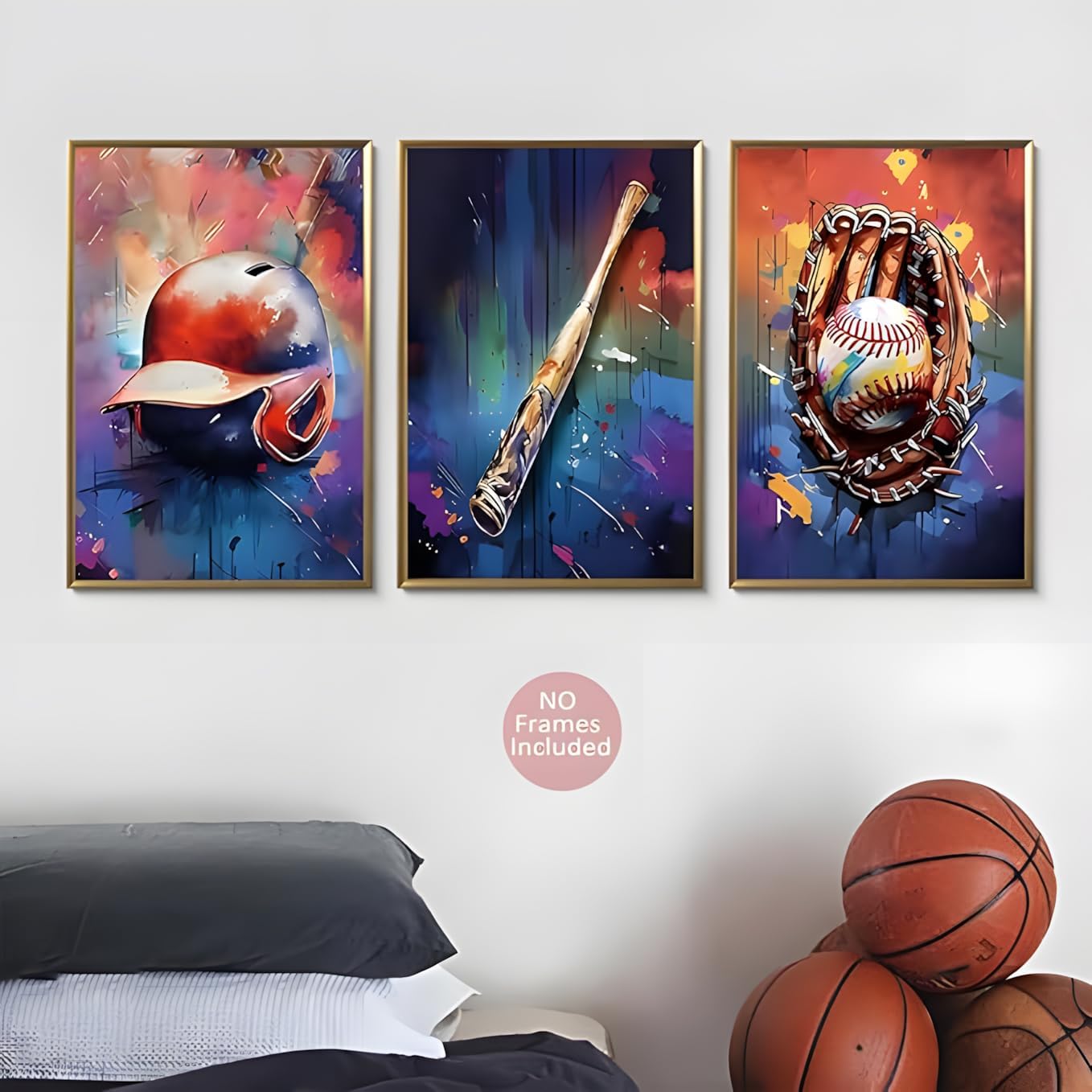JBZDD Baseball Canvas Wall Decor Poster Set of 3 Vintage Cool Sports Graffiti Art Prints Pictures,for Boys Room Man Bedroom Cave Decorations16x24in Unframed