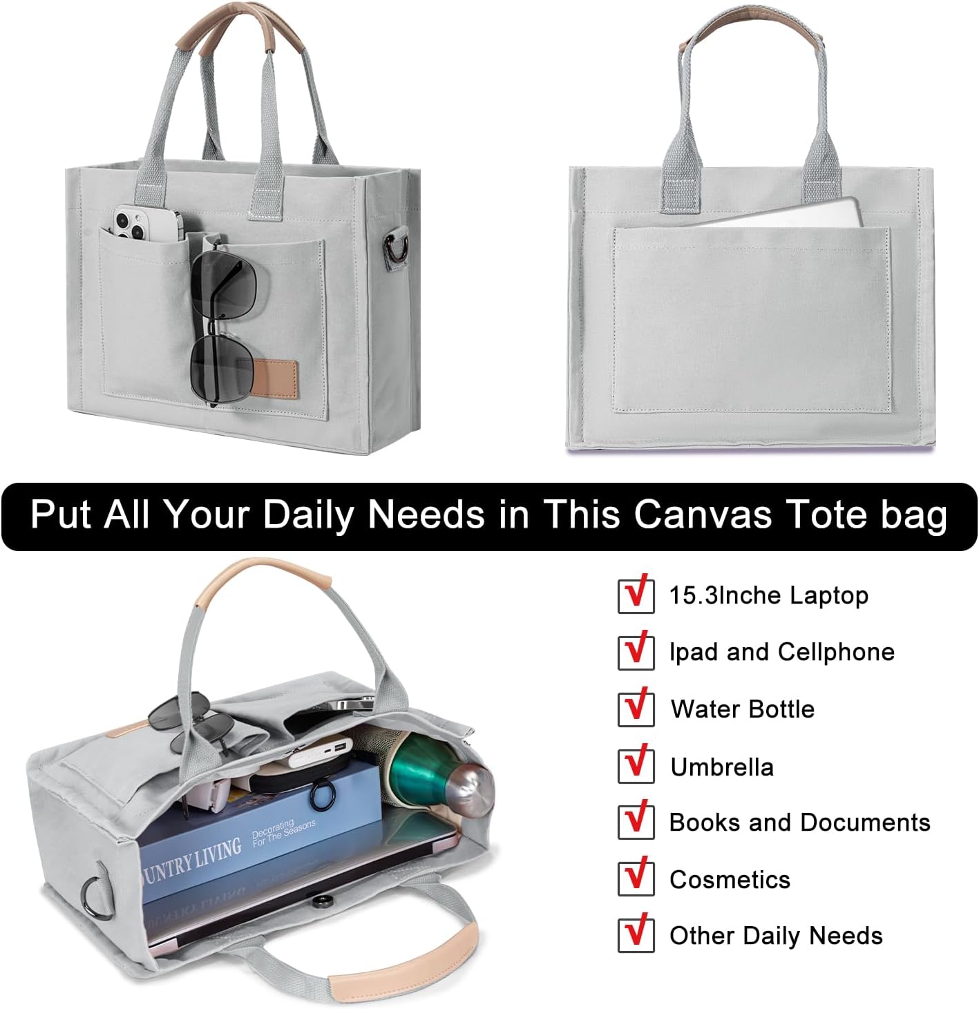 Canvas Tote Bag for Women Crossbody Work Purse with Pockets Top Handle Handbag Satchel Bags for Travel Nurse Teacher - Image 4