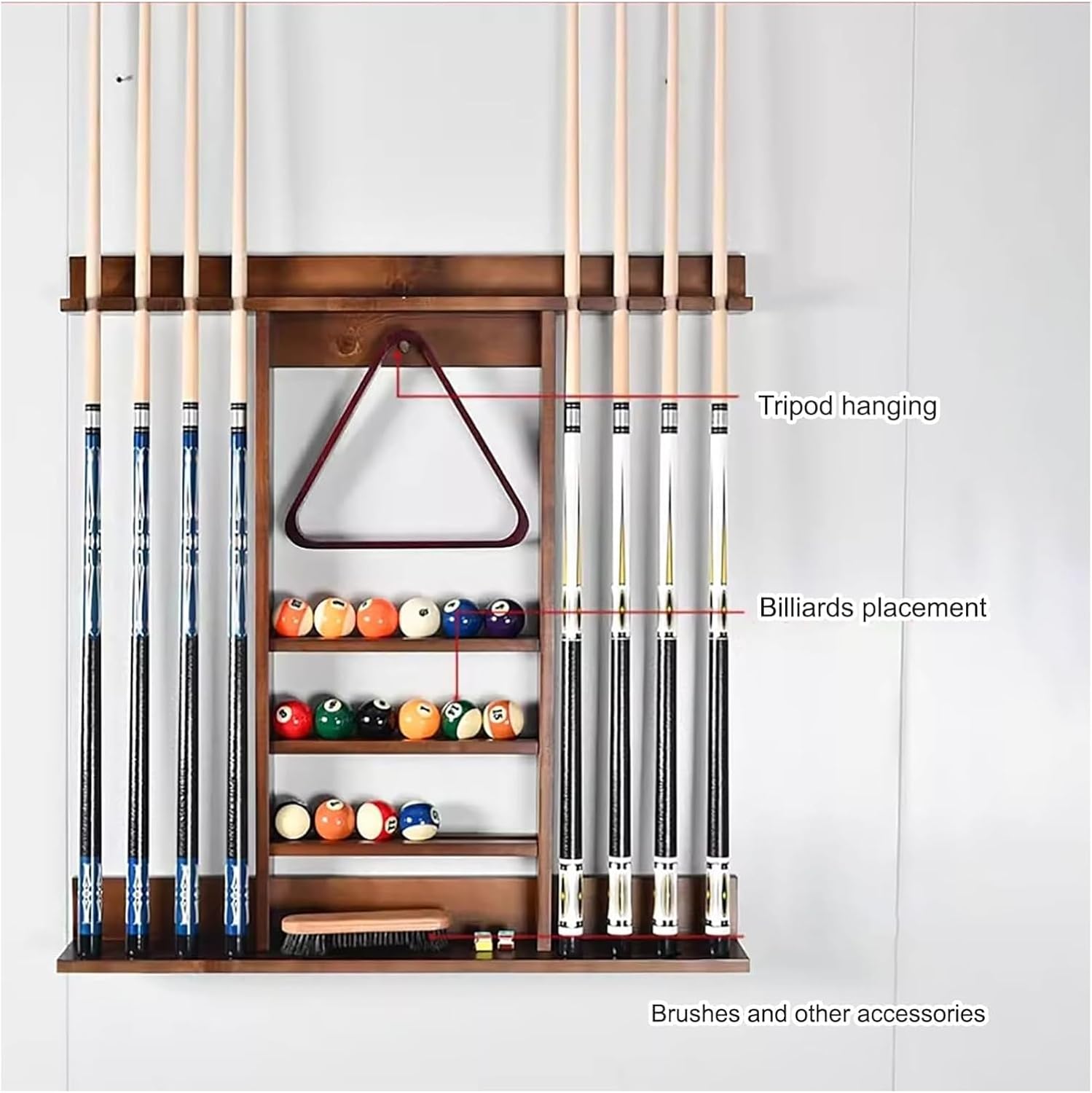 Pool Stick Holder Holds 8 Pool Cue Sticks Pool Cue Rack,Solid Wood Billiards Accessories for Billiard Room Club Bar(Brown)