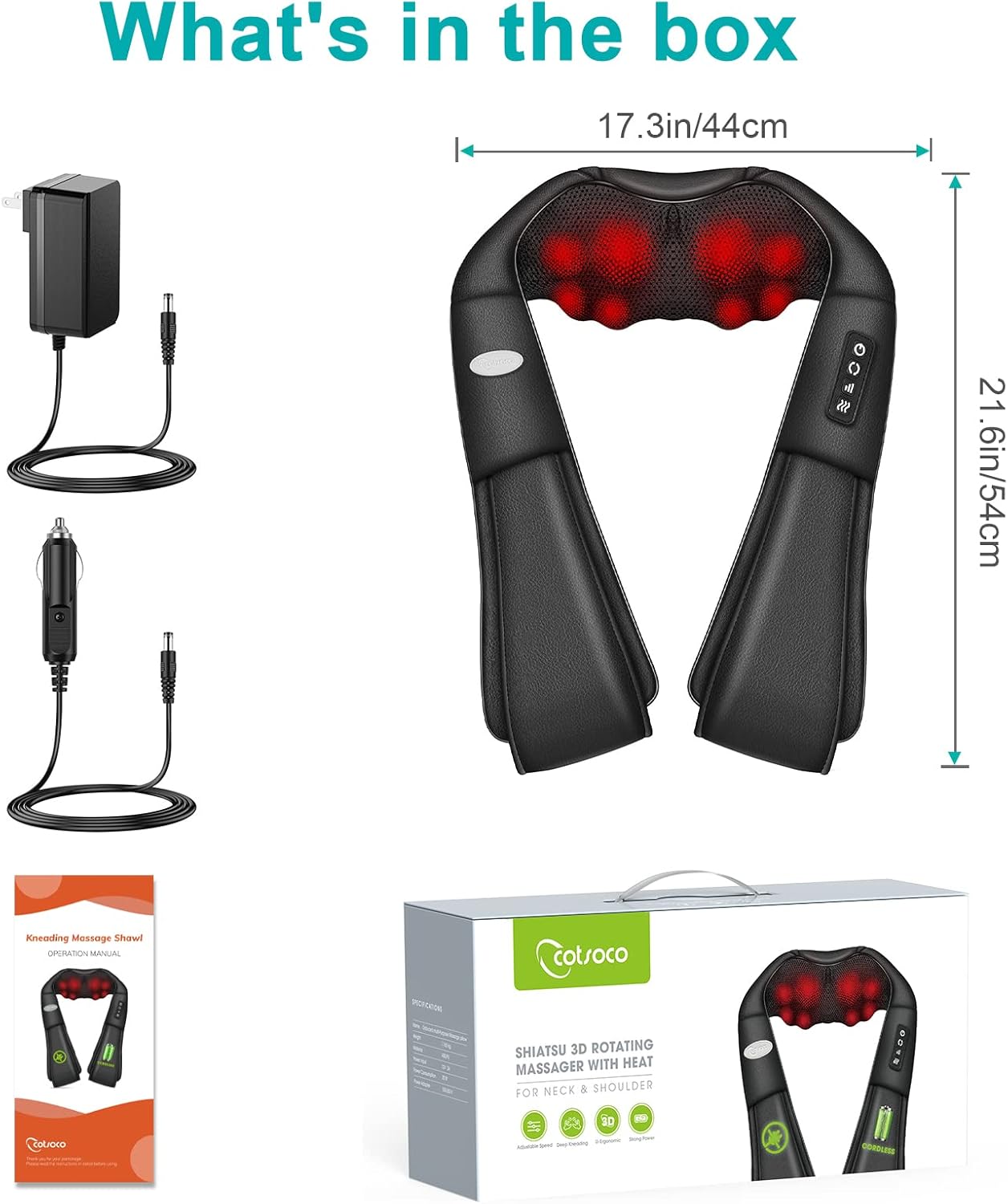 cotsoco Cordless Shiatsu Neck and Shoulder Massager with Heat,Portable Massagers for Neck and Back,3D Deep Tissue Kneading Back Massager for Muscle Pain Relief,Perfect Gifts for Women and Men