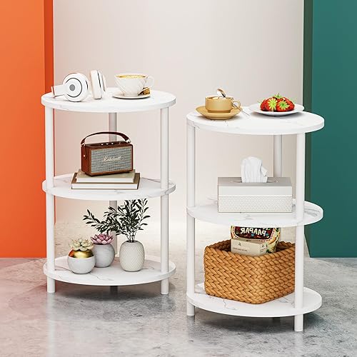 Miniatura 10 de Mesa auxiliar redonda pequeña, mesa decorativa ovalada de 3 niveles para espacios pequeños, mesa auxiliar de sofá de madera rústica y metal, mesita