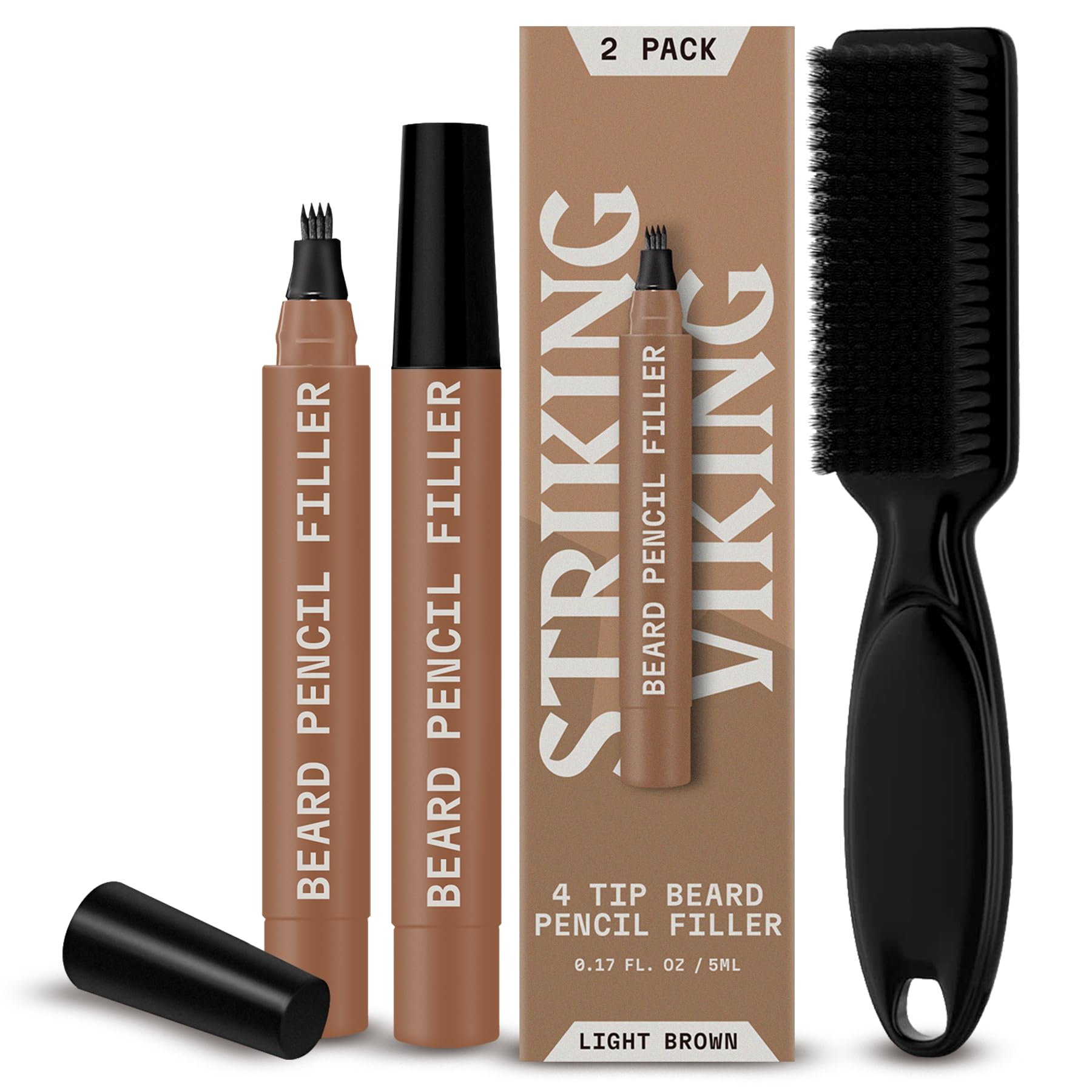 Striking Viking Beard Pencil Filler - Pack of 2, Light Brown - Long-Lasting Wear & Waterproof Beard Filling Pen Kit - Precision Shaping Tip & Hair Brush - Gap-Filling Coverage & Stubble Color Pen