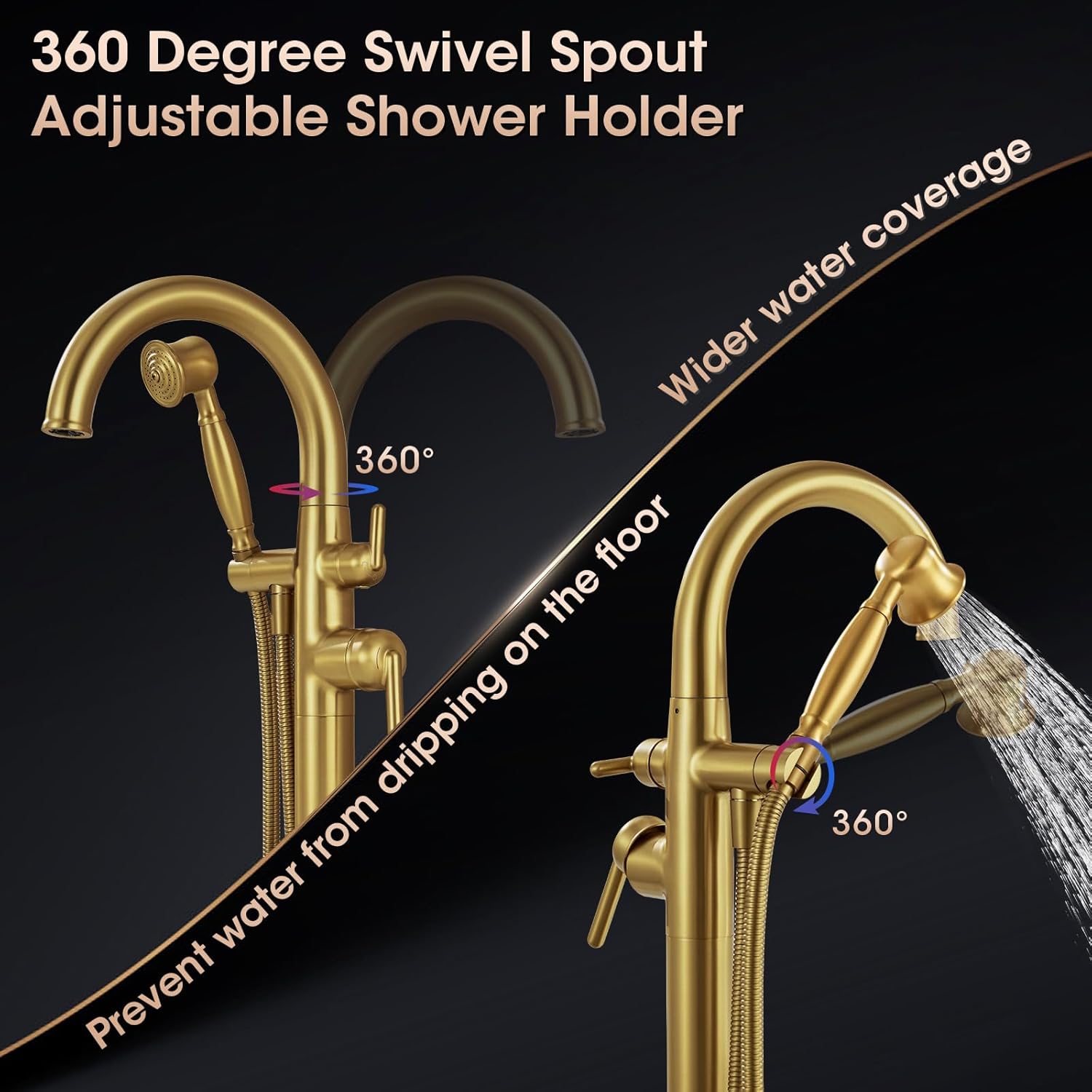 Free Standing Tub Faucet, Wintap Brass Antique Freestanding Bathtub Filler with Handheld Sprayer Max 6.6GPM/60PSI Classic Brushed Gold WT-9811BG