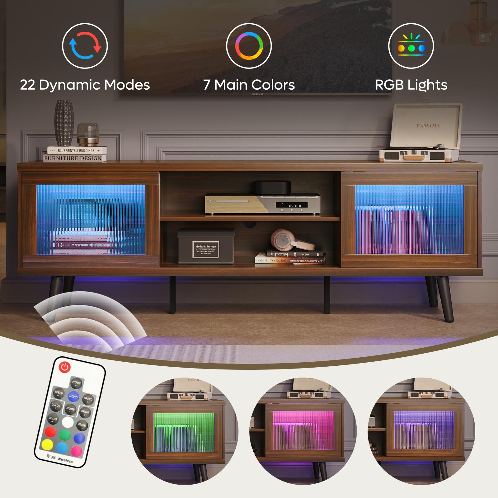 Bestier 63 Inch TV Stand for 70” TV, LED Entertainment Center with Sliding Doors, Mid Century Modern TV Console with Storage Shelves, Media Console for Living Room Bedroom - Walnut