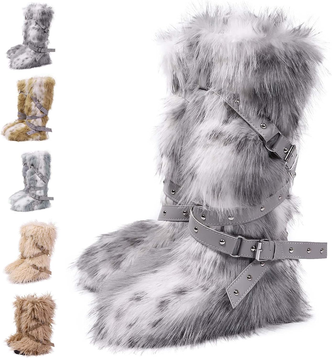 Faux Fur Boots for Women Warm Fuzzy Knee High Boots y2k Long Furry Snow Boot with Belt & Studs Fluffy Indoor Outdoor Shoes