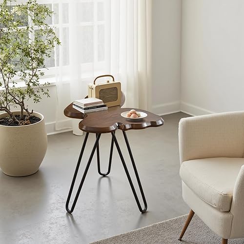 Miniatura 5 de Mesa auxiliar decorativa de mariposa, parte superior de madera MDF marrón nogal y patas de horquilla negras, mesa auxiliar pequeña y moderna, 21.75