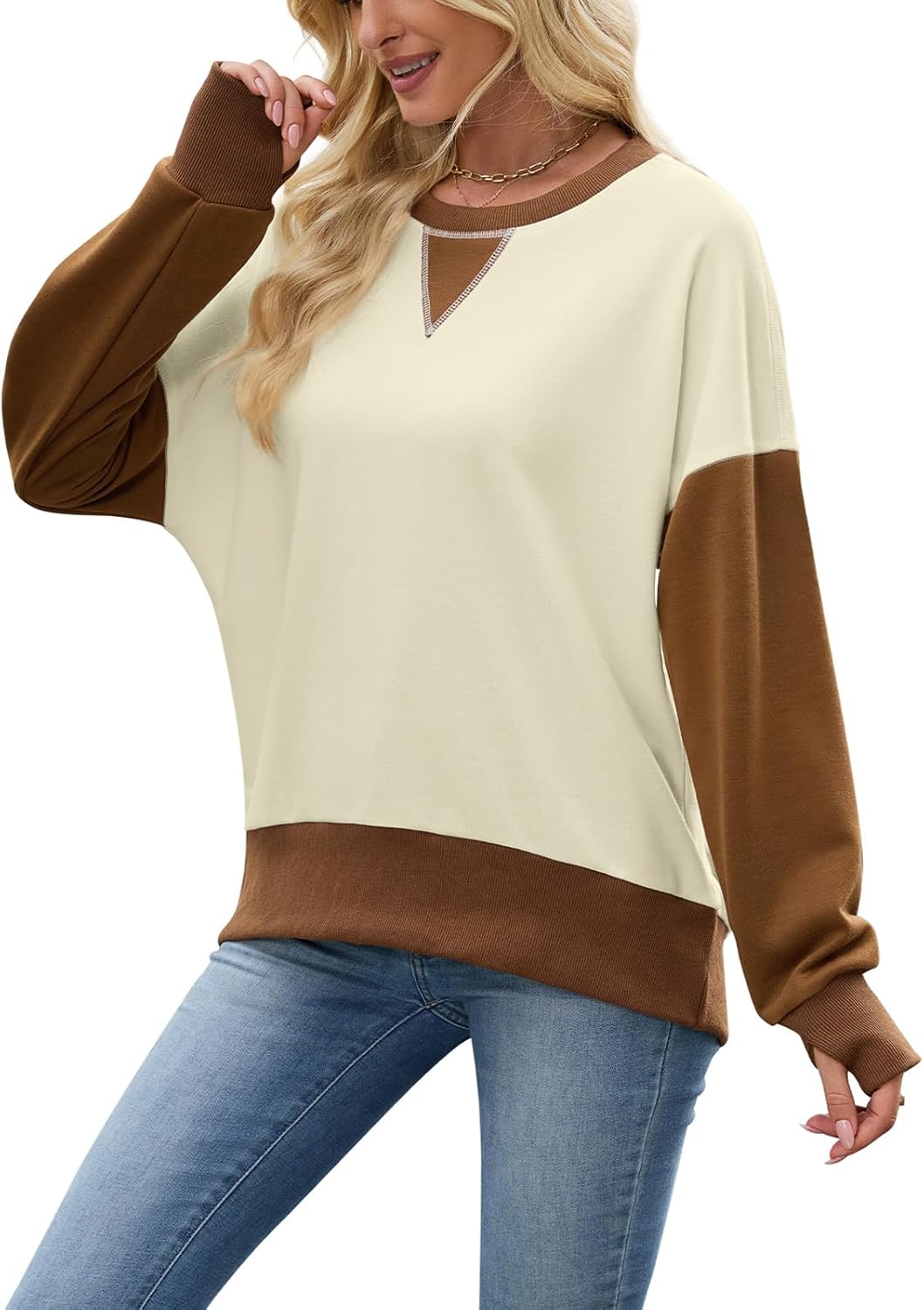 Women's Casual Color Block Sleeve Drop Shoulder Thumbhole Sweatshirt Soft Oversized Pullover Sweatshirts - Image 4