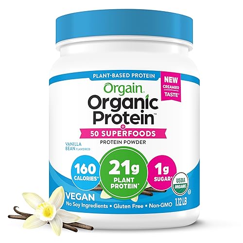 Orgain Organic Vegan Protein + 50 Superfoods Powder, Vanilla Bean - 21g Plant Based Protein, 8g Prebiotic Fiber, No Lactose Ingredients, Gluten Free, No Added Sugar, 1.12 lb (Packaging May Vary) - Vanilla - 1.12 Pound (Pack of 1)