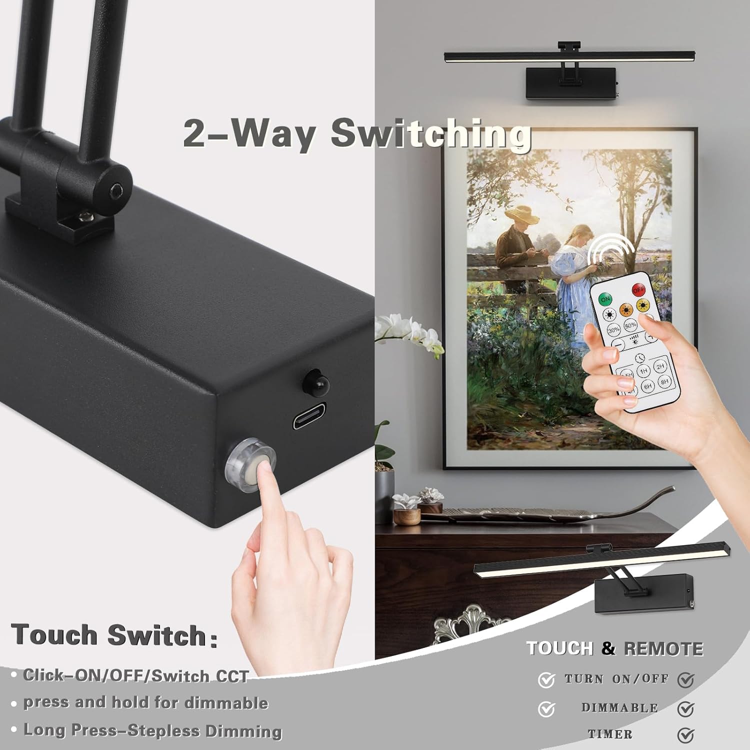 Rechargeable Picture Light Battery Operated 3CCT Dimmable Gallery Lighting Black Over Picture Light Wireless Art Lights with Remote and Timer 15.75" Inch 3W