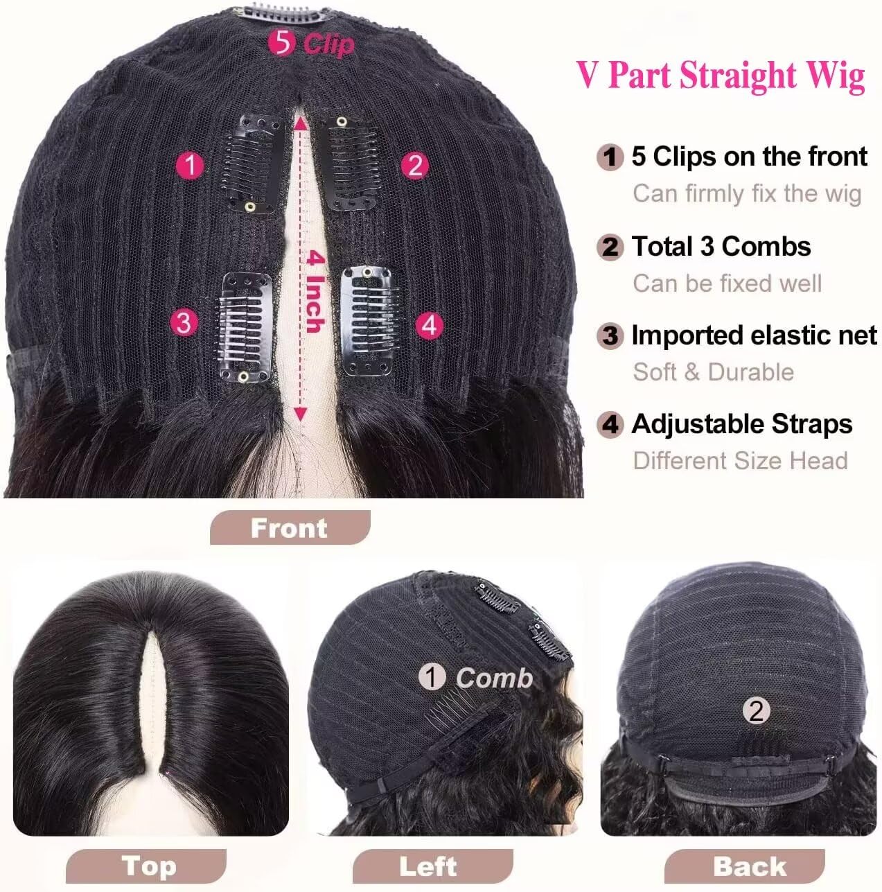 Parrucca Donna Human Hair V Part Straight Wig - 180% Density Glueless Upgrade Wear and Go U Part Capelli Veri Umani - 22 Pollici