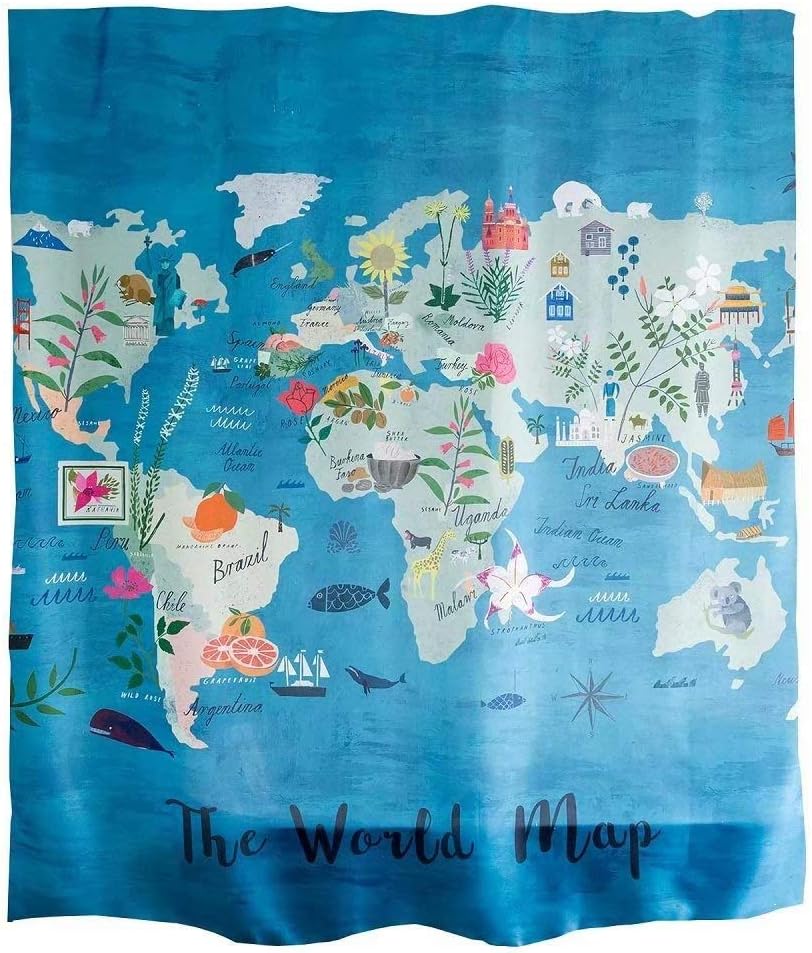 Ofat Home World Map Kids Animal Shower Curtain Sets for Bathroom Accessories, Early Educational Geography Backdrop Curtain Room Decor, No Liner Needed Washable, Blue Green Teal, 72x72 inch