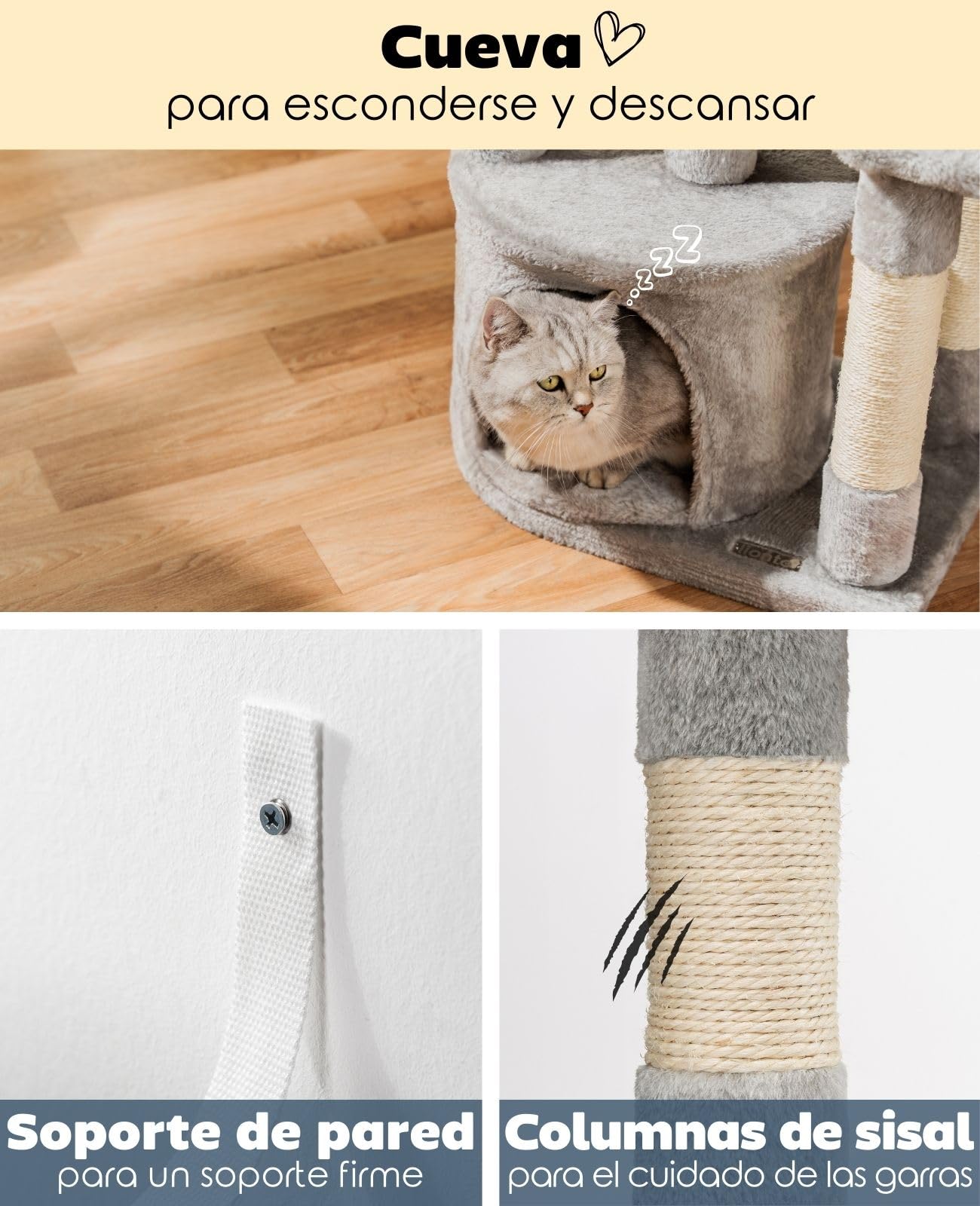 lionto Árbol rascador para Gatos con Pelotas de Juego de sisal y 115 cm de Altura, Gris Claro