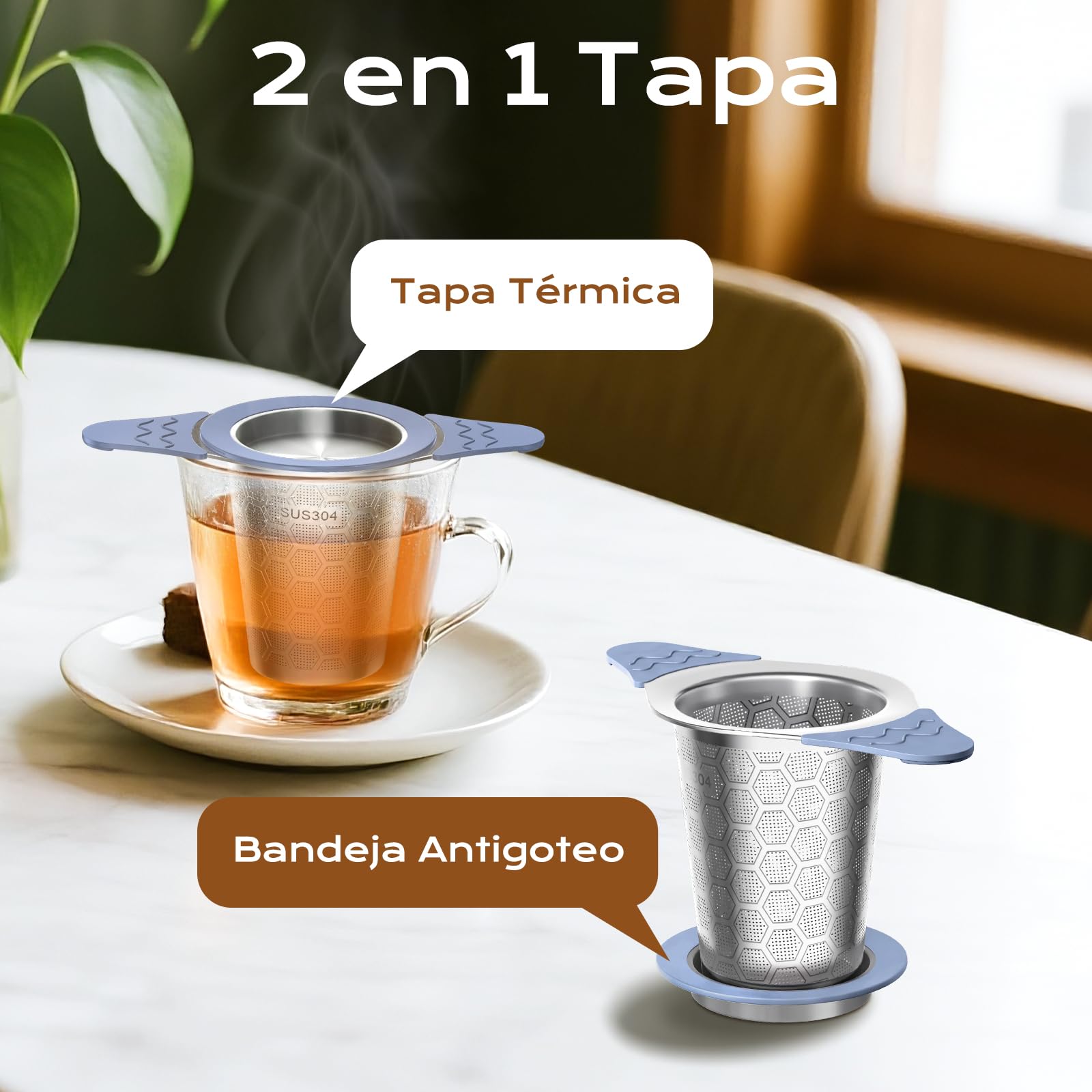 yomanta infusor de te 304 Acero Inoxidable，Coladores de té para té suelto，Con tapa y asa de silicona resistente al calor，Apto para teteras, tazas de té y tazas
