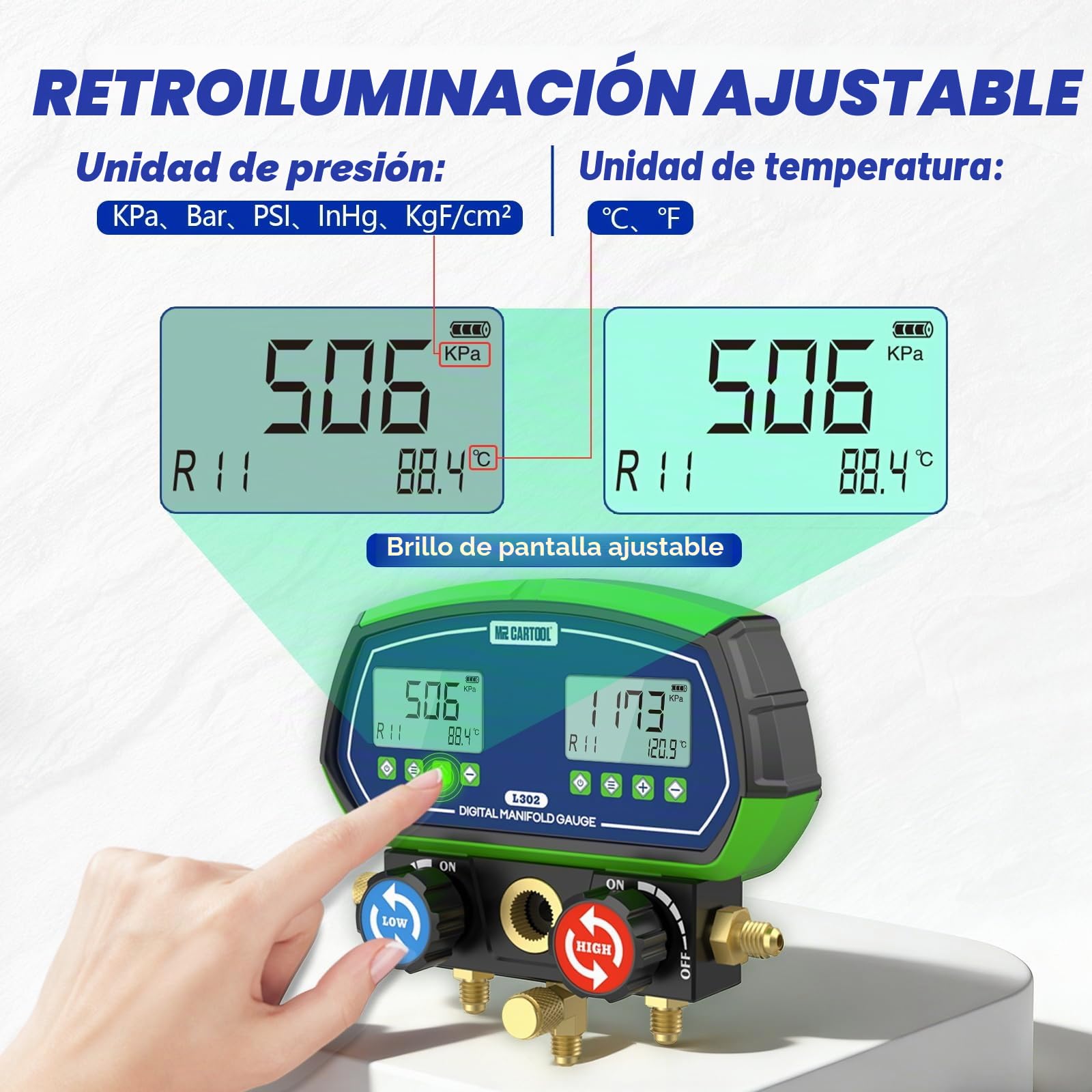 Manómetro digital L302 Colector de refrigerante HVAC de gas Manómetros digitales con 3 tubos 90 Refrigerantes para sistemas de refrigeración R32 R410a