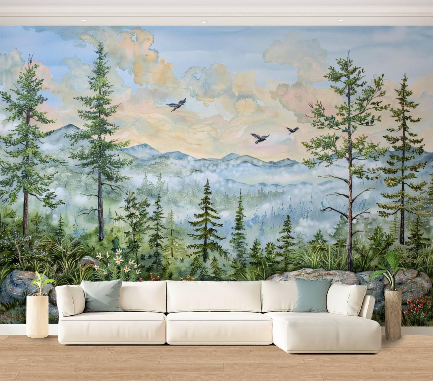 Wall Mural Green Forest Wallpaper Peel & Stick Nursery Wallpaper Pine Trees Mountains Birds Rocks Watercolor Removable Self-Adhesive Large Wall Sticker Wall Decor for Bedroom Living Room 100"x144"