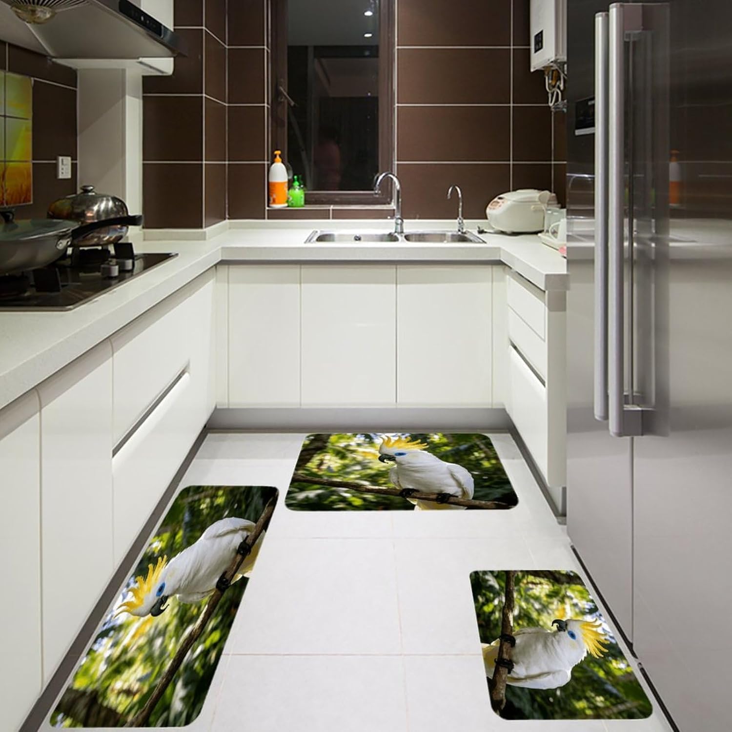 Cockatoo Kitchen Rugs Sets of 3 Non Slip Kitchen Mat for Floor Comfort Standing Rug and Mats Thick Cushioned Long Area Carpets for Laundry Room Entryway
