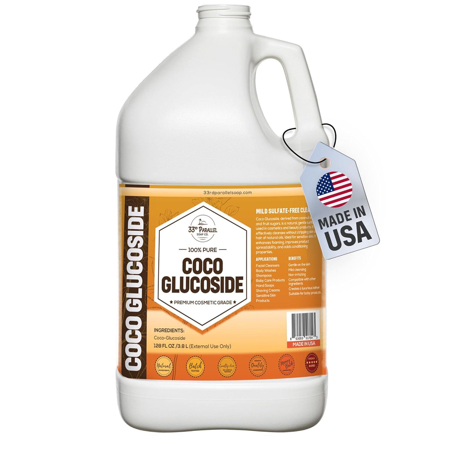 33RD PARALLEL SOAP CO. COCO GLUCOSIDE Surfactant (128 oz/GALLON) | Natural Plant Derived | For DIY Cleansers, Shampoos, Conditioners, Moisturizers, Lotions, Makeup Removers, Baby Products | 1 GALLON