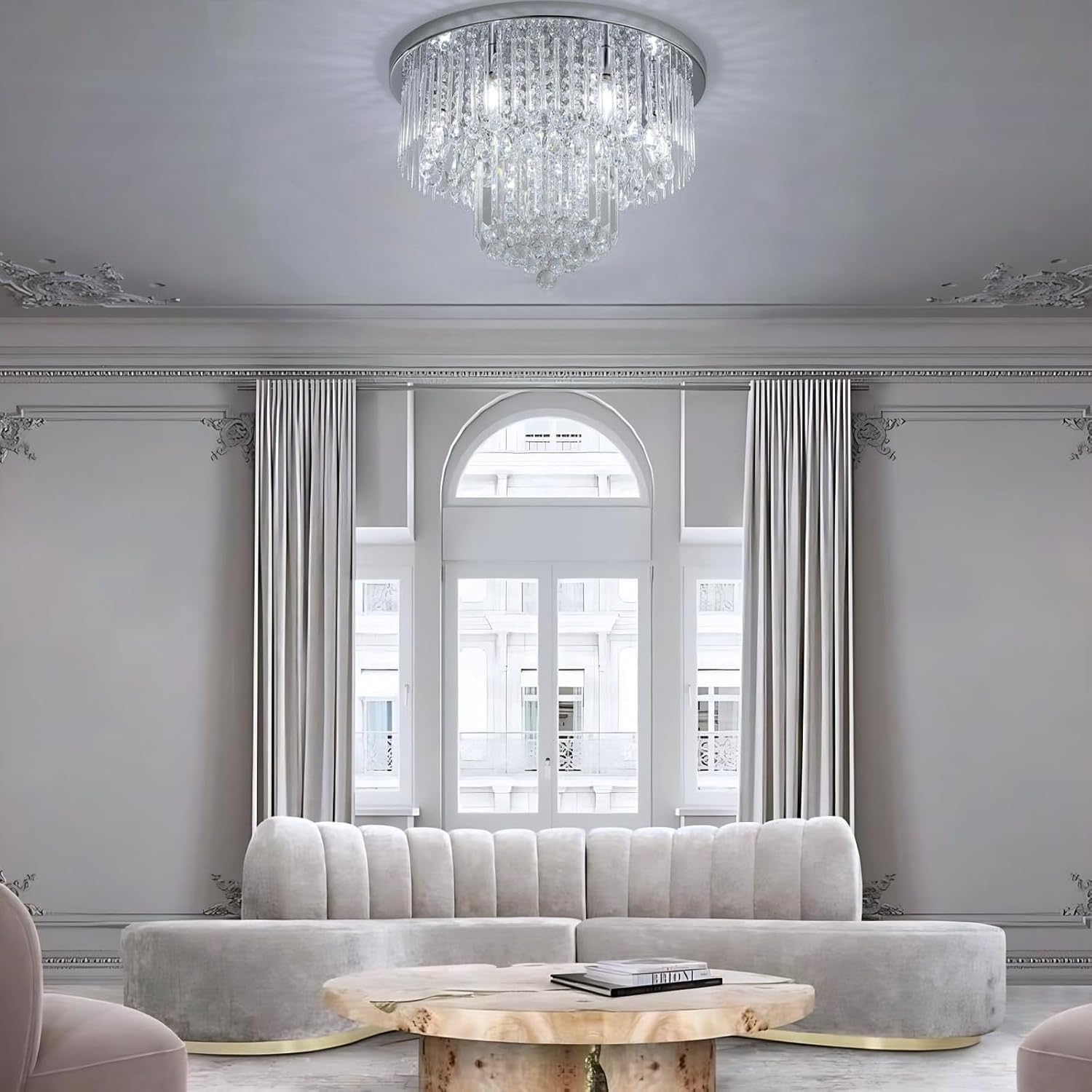 Crystal Chandelier Flush Mount Ceiling Light W18 x H13, 5 Lights Modern Round Raindrop Crystal Chandeliers Light Fixtures for Bedroom Living Room Entryway, Chrome Silver