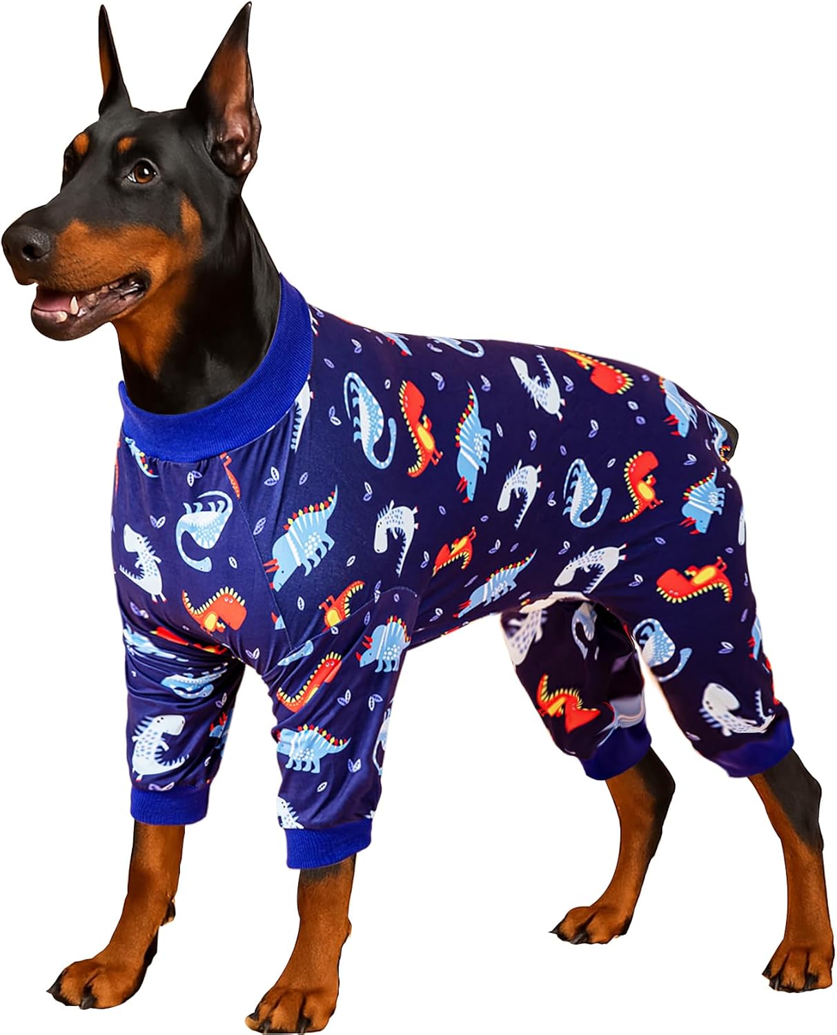LovinPet Pitbull Pet Onesie, Comfy Lightweight Stretchy Fabric, Blue Dinosaurs Print, Sun Protection, Pet Anxiety Relief Shirt, Easy to Wear Dog Costume for Party,Blue White, 2XL