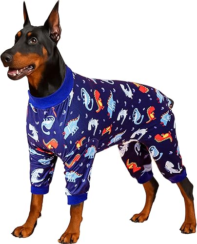 LovinPet Pitbull - Mameluco para mascotas, cómodo tejido elástico ligero, estampado de dinosaurios azules, protección solar, camisa para aliviar la