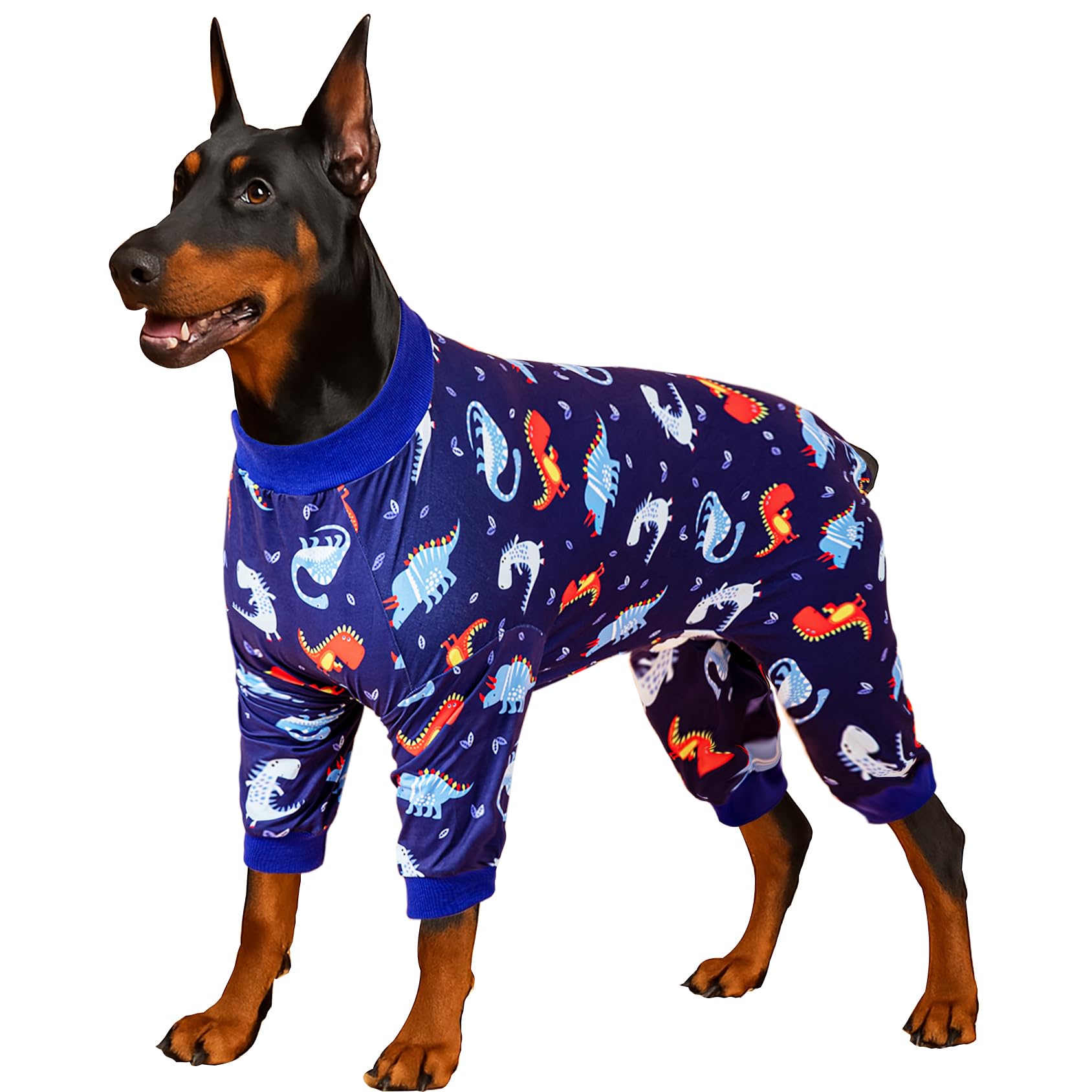 LovinPet Pitbull Pet Onesie, Comfy Lightweight Stretchy Fabric, Blue Dinosaurs Print, Sun Protection, Pet Anxiety Relief Shirt, Easy to Wear Dog