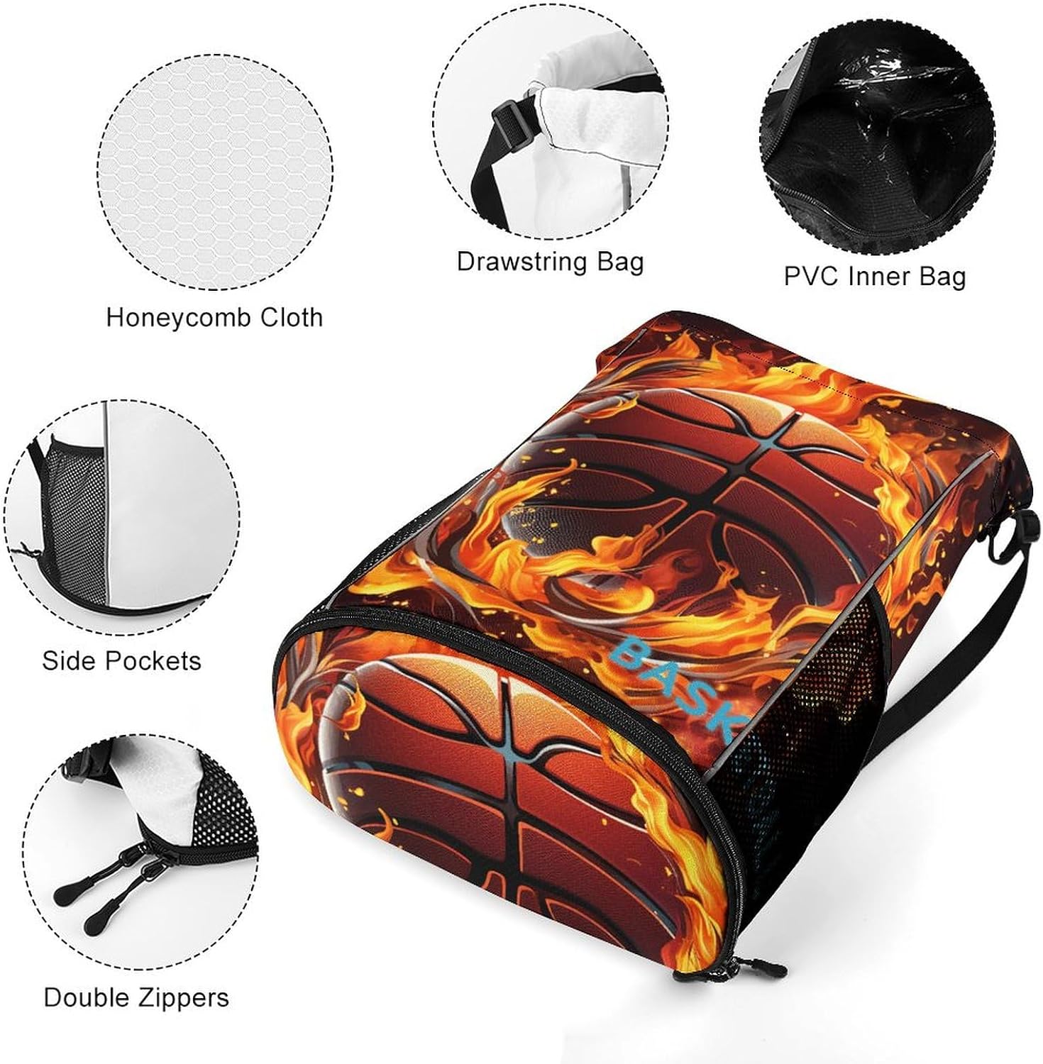 Drawstring Backpack Gym Drawstring Bag for Men Basketball Logo with Flames Draw String Bags Gym Bag Cinch Bag