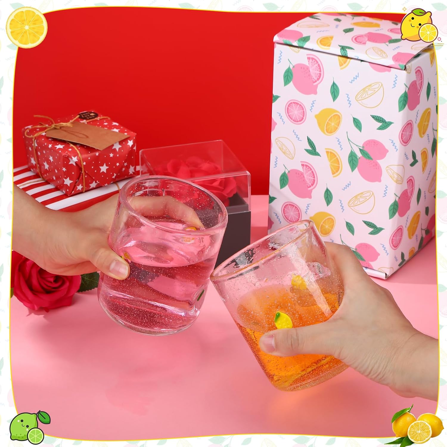 2Pcs 14oz Lemon Icon Juice Glass with Straws Gift Box | Lemon Reusable Stemless Wine Coffee Cocktail Drinking Glass Cup for Summer Party Supplies Gift