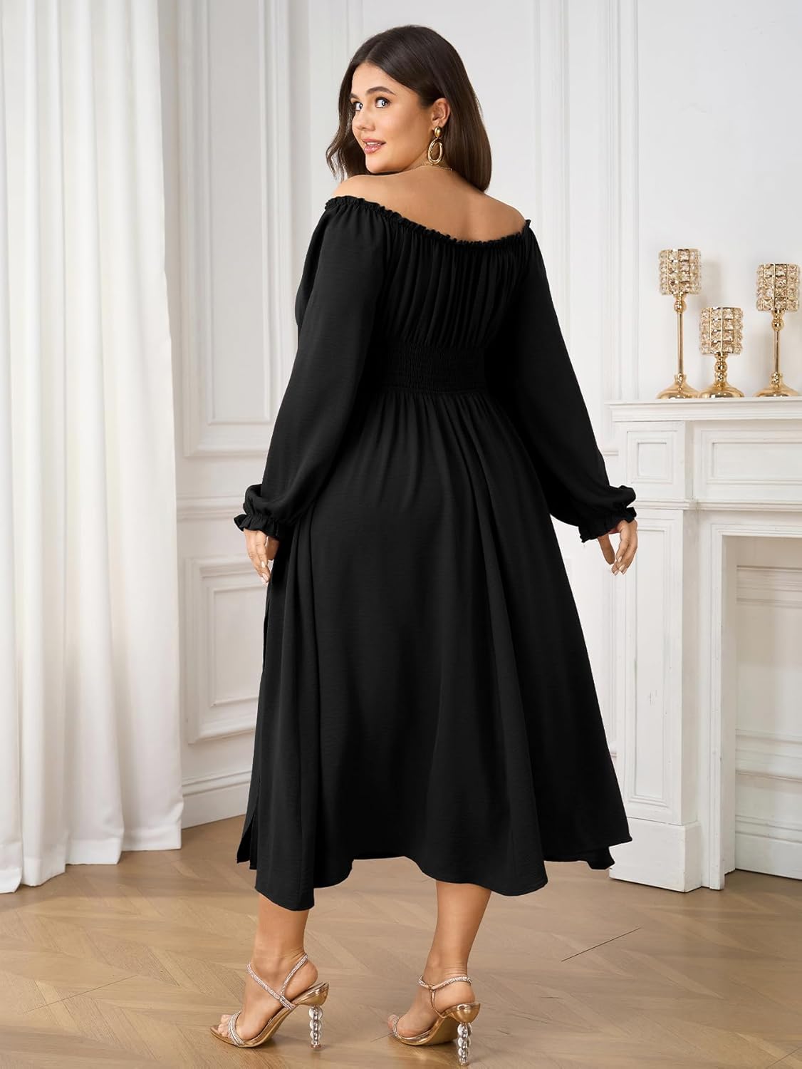 Plus Size Maxi Fall Wedding Guest Dress for Curvy Women Long Sleeve Smocked Formal Cocktail Party Dresses Slit - Image 2