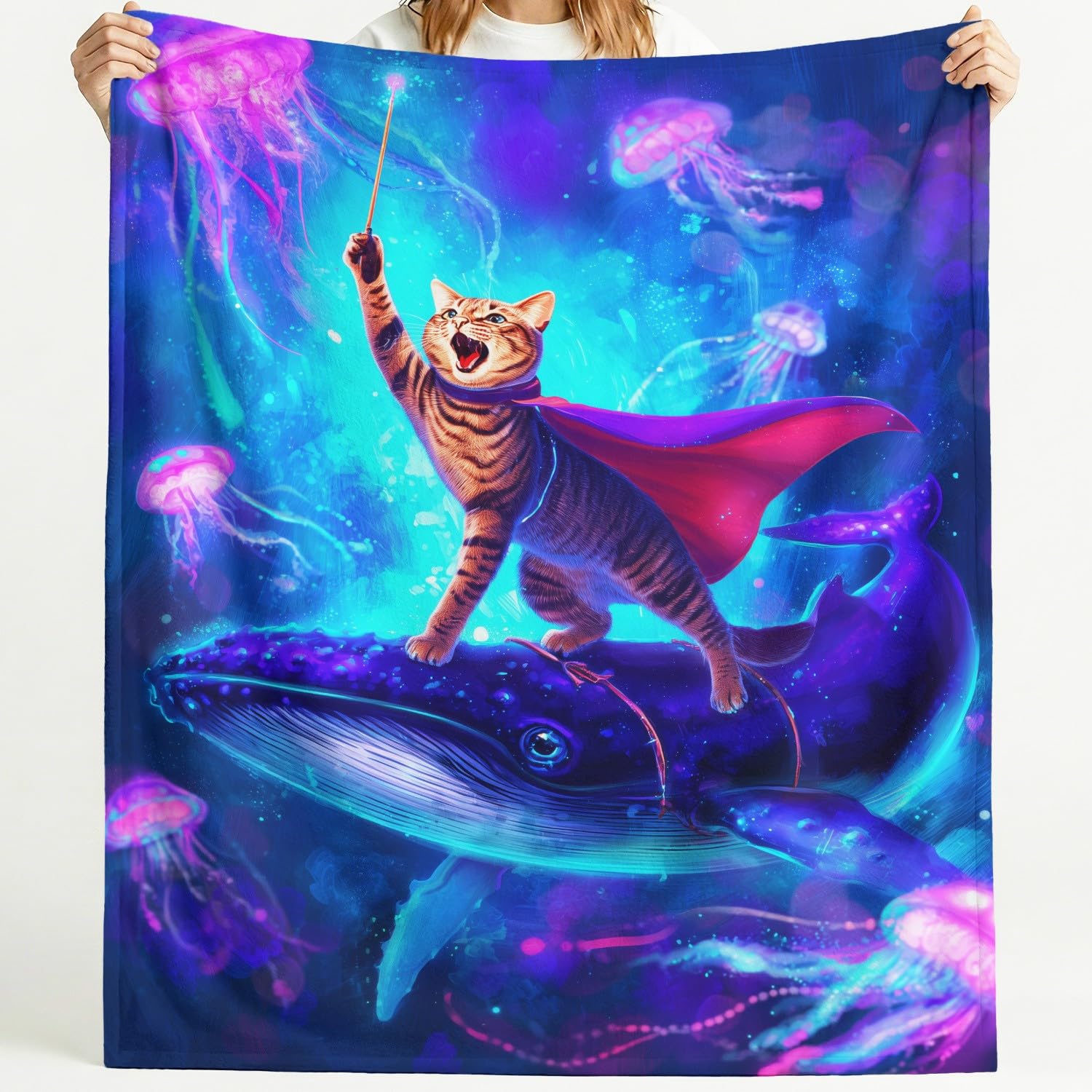 Generisch Koc magicznego kota, puszysty, miękki kot, wieloryb, koc polarowy do salonu, na kanapę lub łóżko, 150 x 180 cm, niebieski, prezent dla dzieci i rodziców