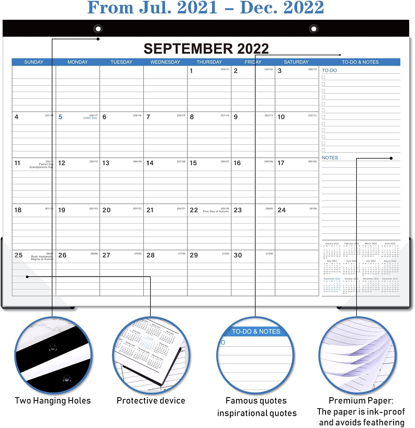 2021-2022 Desk Calendar - 18 Months Large Monthly Desk Calendar, 17"x 12" , Jul 2021 - Dec 2022, Desk Pad, Academic Desk Calendar with Corner Protectors, Ruled Blocks, To-do List & Notes , Easy Planning - Blue : Office Products
