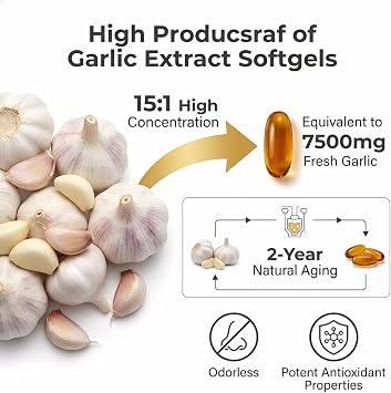 Odorless Aged Garlic Extract - 7500mg 300 Softgels Garlic 15:1 Extract Formula, 2 Years Matured Organic Aged Garlic, Natural Black Garlic Extract for Men and Women