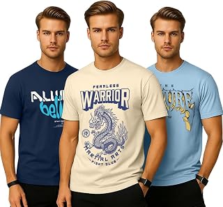 Veirdo® Pure Cotton Regular Fit AestheticGraphic Printed Round Neck Half Sleeve T-Shirt Pack for Men (Combo of 3) (Green,R... Price In India