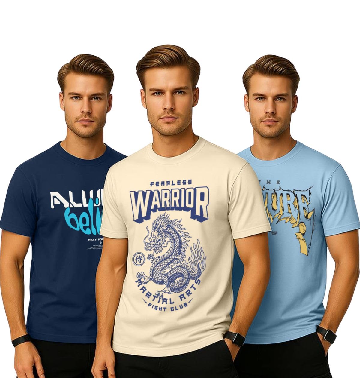 Veirdo® Pure Cotton Regular Fit AestheticGraphic Printed Round Neck Half Sleeve T-Shirt Pack for Men (Combo of 3) (Green,R...