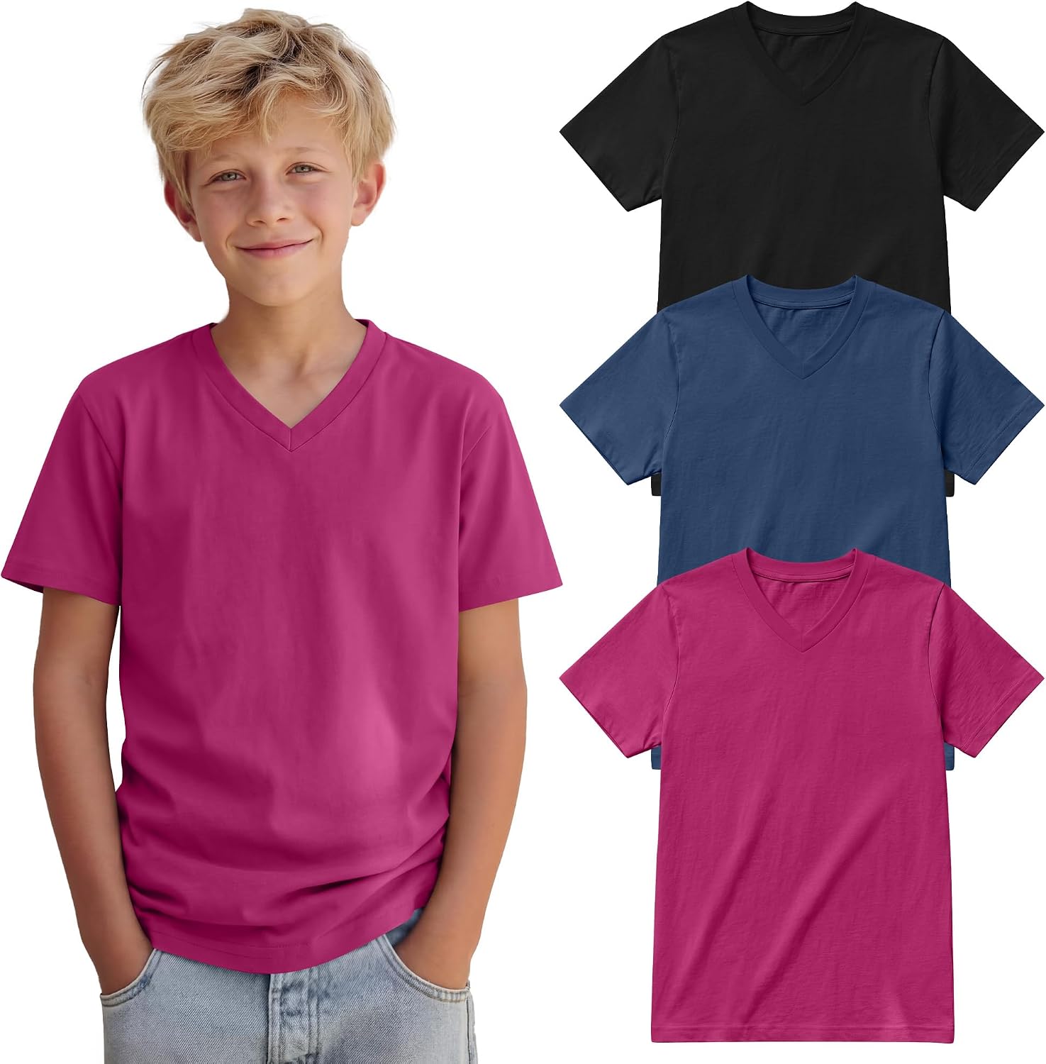 Yooo's Vivi 3 Pack Boys T-Shirts Kids V Neck Short Sleeve Tops Teen Loose Fit Tees Basic Summer Clothes 5-16 Years