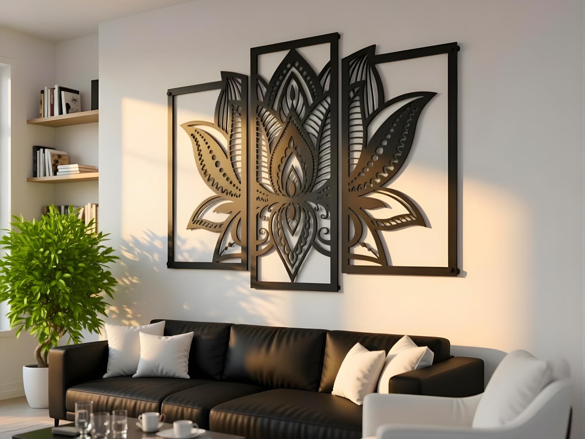 VAILLA Decoración de Pared Mural de Madera Decoración en Negro Dorado Decoración de Pared Hogar Arte de Pared 3D Decoración Moderna Cuadros para Hogar (Flor de loto)