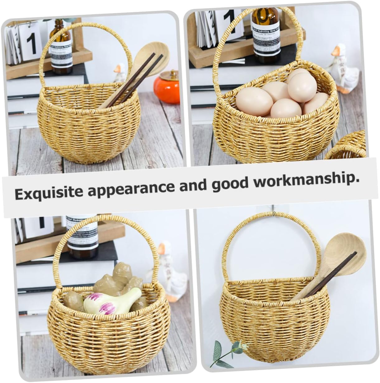 3pcs Pantry S Potato Vegetables Rattan Onion Basket Fruits Kitchen Hanging Hand Wall-Mounted Holder Decorative Organizer Rope Woven Wall for Eggs Produce Keeper Pot Practical (Light Brown 24x18cm)