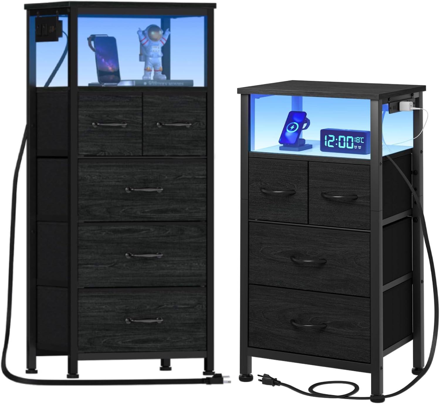 Furnulem Dresser and Nightstand Sets, Vertical Dresser with Charging Station and LED Lights + Tall Night Stand with Charging Station and Led Light